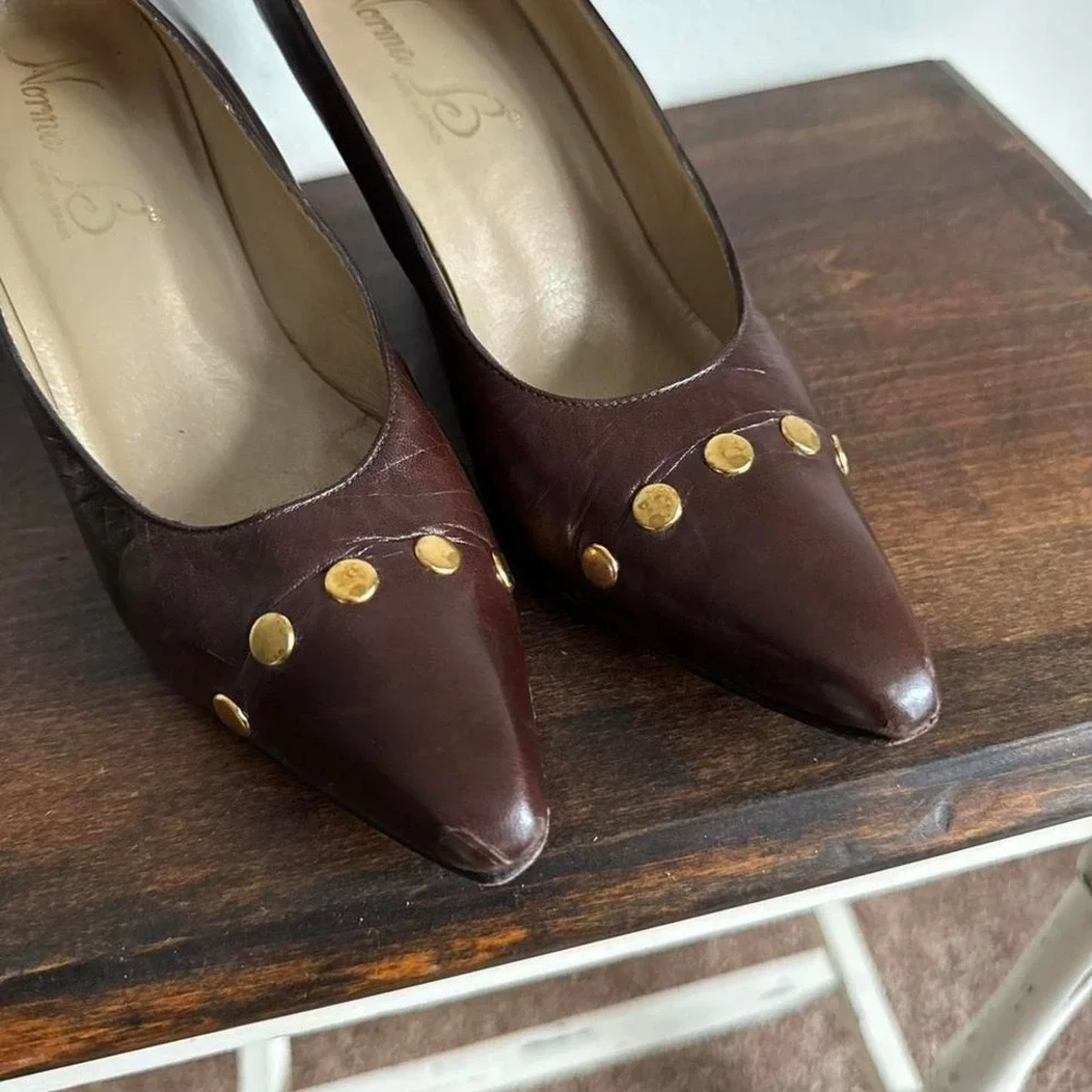 Vintage chocolate brown leather heels size 6.5 narrow gold 90s - Picture 3 of 6